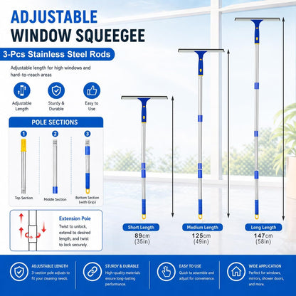 Window Washing Kit with Extension Pole, 10" Squeegee & 11" Microfiber Scrubber Combi with Stainless Steel Pole, Window Cleaner for Car, Sliding Door,Shower Glass Door-Swivel Style-2 Pads