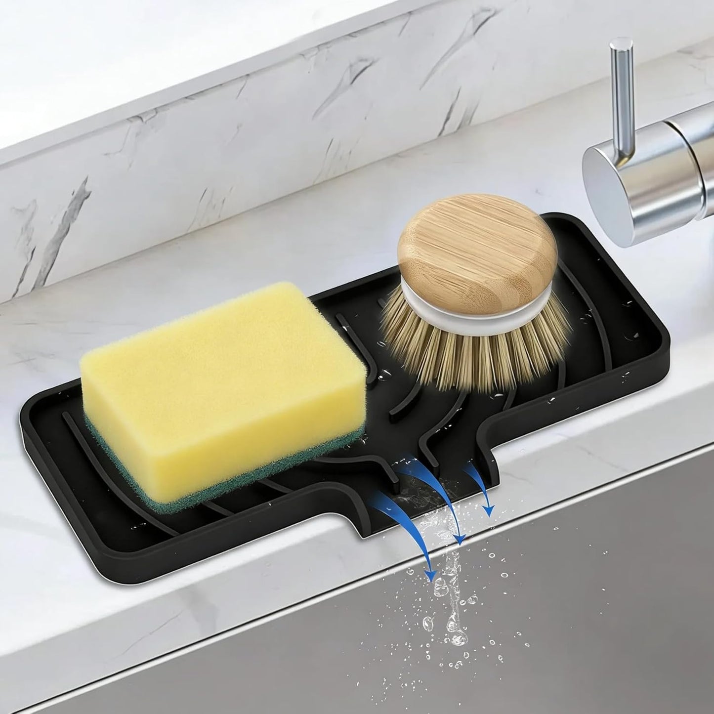 JACZZO Silicone Sponge Holder for Kitchen Sink With Drain Spout, Self Draining, Kitchen Soap Tray, Bathroom Organizer, Sink Caddy (Grey, 10×4)