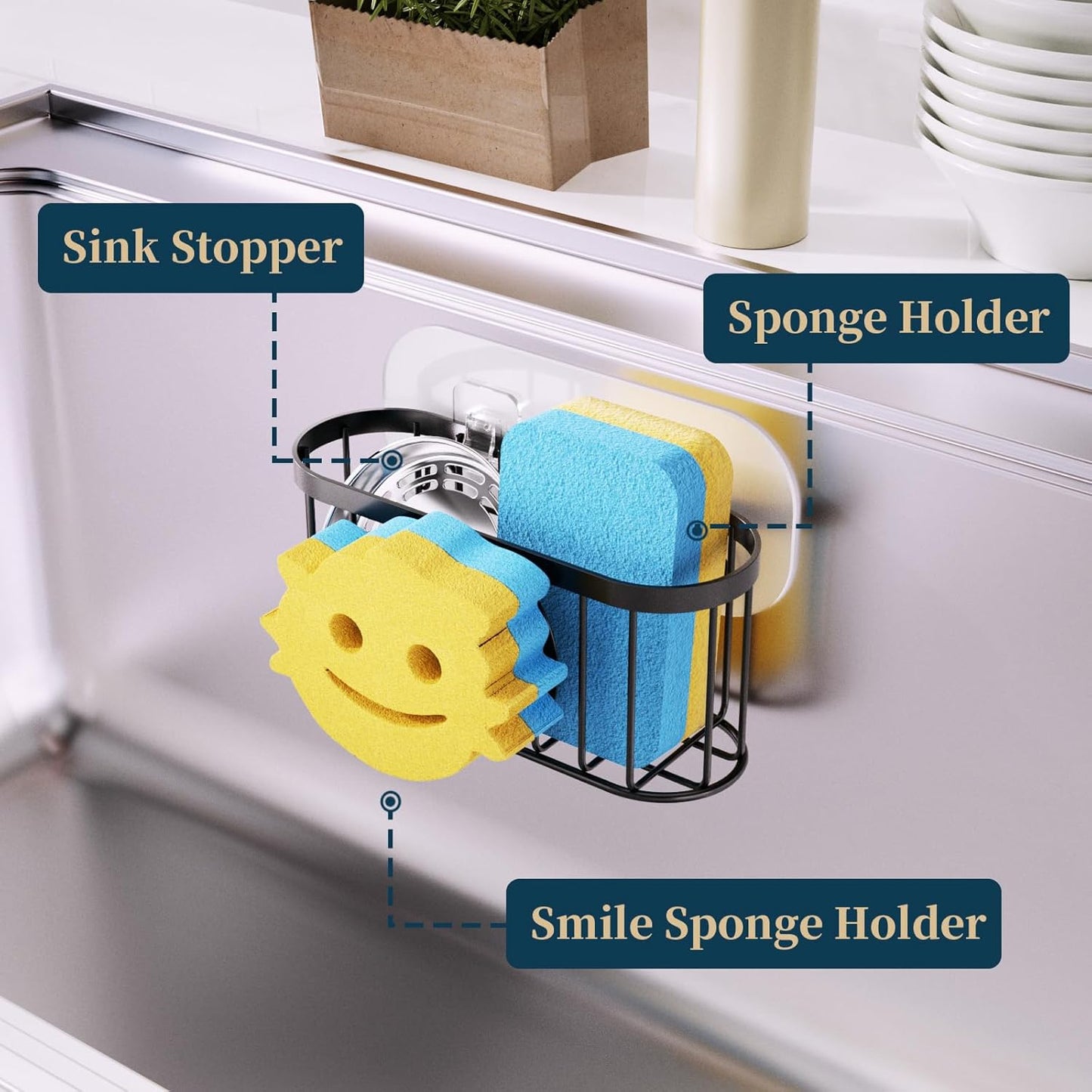 Consumest Sponge Holder Sink Caddy - Ladder Shaped Sponge Holder for Kitchen Sink with 2 Installation Ways (Suction Cups & Adhesive Hook), Rustproof Stainless Steel Kitchen Organizer, Silver