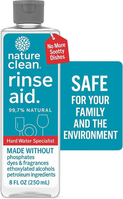 Nature Clean All Natural Dishwasher Rinse Aid Cleaner, Liquid Dishwasher Rinse Agent Spot-Free Glass & Cutlery in Hard Water, Non-Toxic Dish Washer Drying Agent & Stain Remover, 8 oz/250ml, Pack of 1