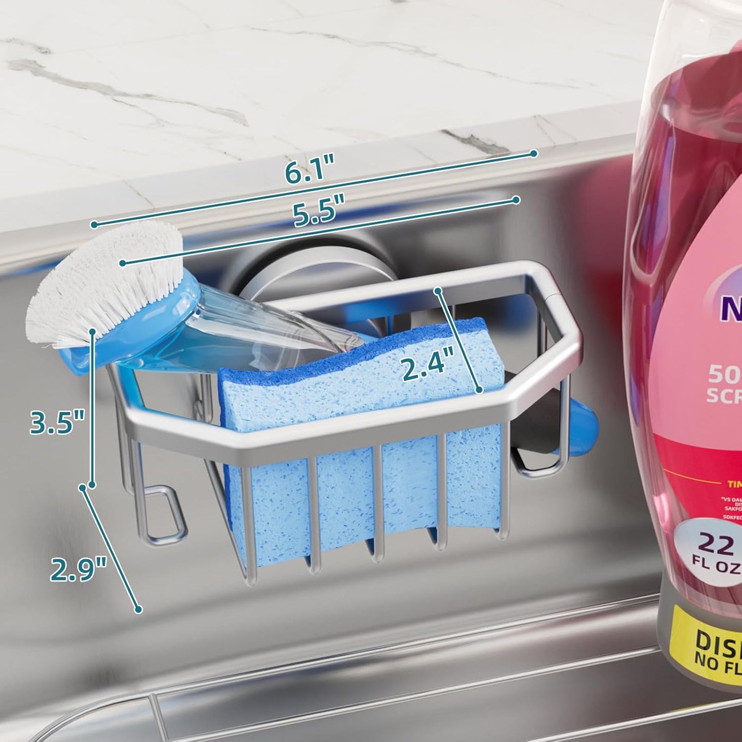 TAILI 4-in-1 Sink Caddy with Strong Suction Cup, Sponge Holder for Kitchen Sink Organizer, Removable, Rustproof, Stainless Steel Holder for Sponge, Brush, Scrubber, Scraper - Silver