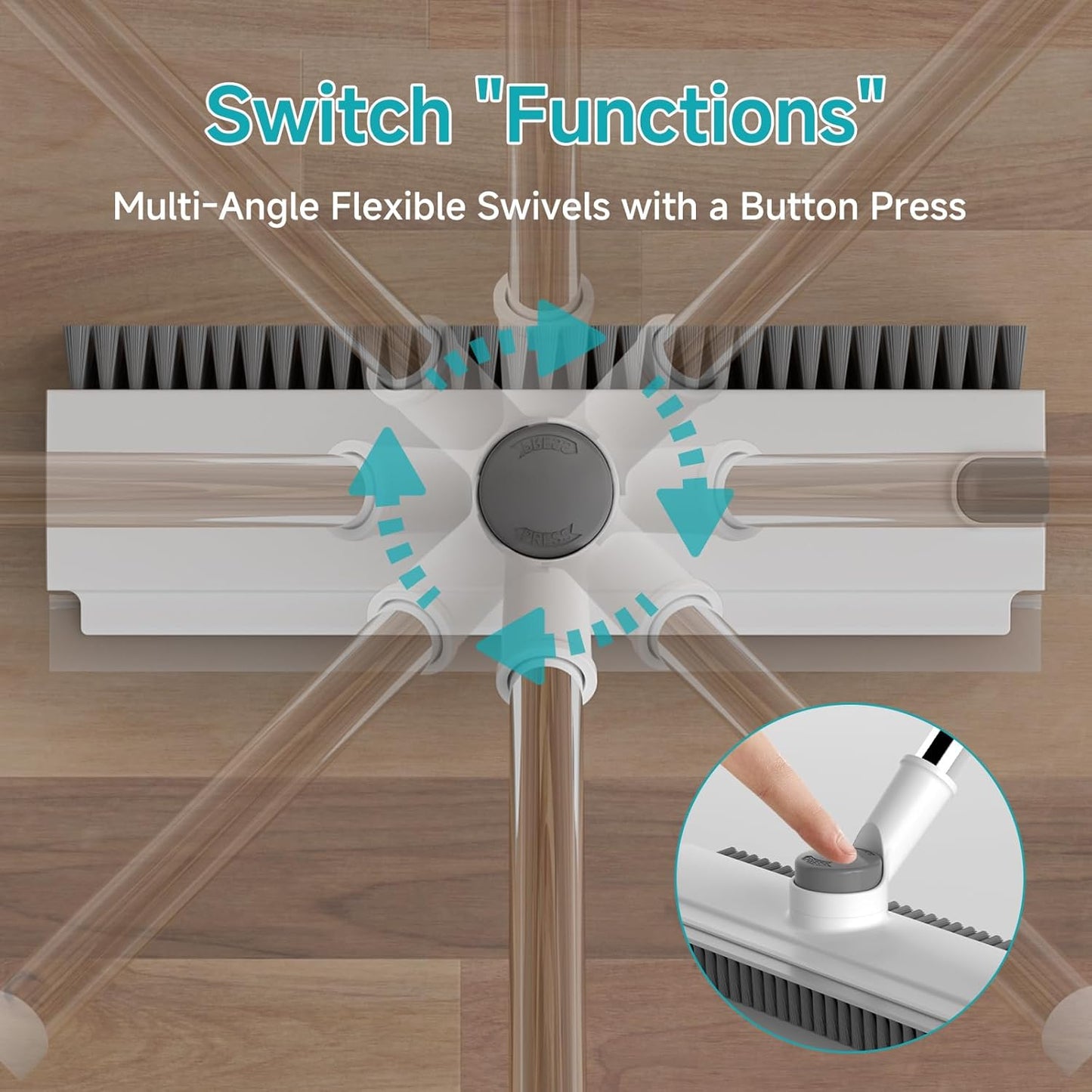 Floor Scrub Brush with Long Handle Length Adjustable, 3 in 1 Heavy-Duty Stiff 90° Bristle Floor Scrubber Broom with Squeegee, Cleaning Brush for Bathroom, Garage, Kitchen, Tile, Deck & Patio (Gray)