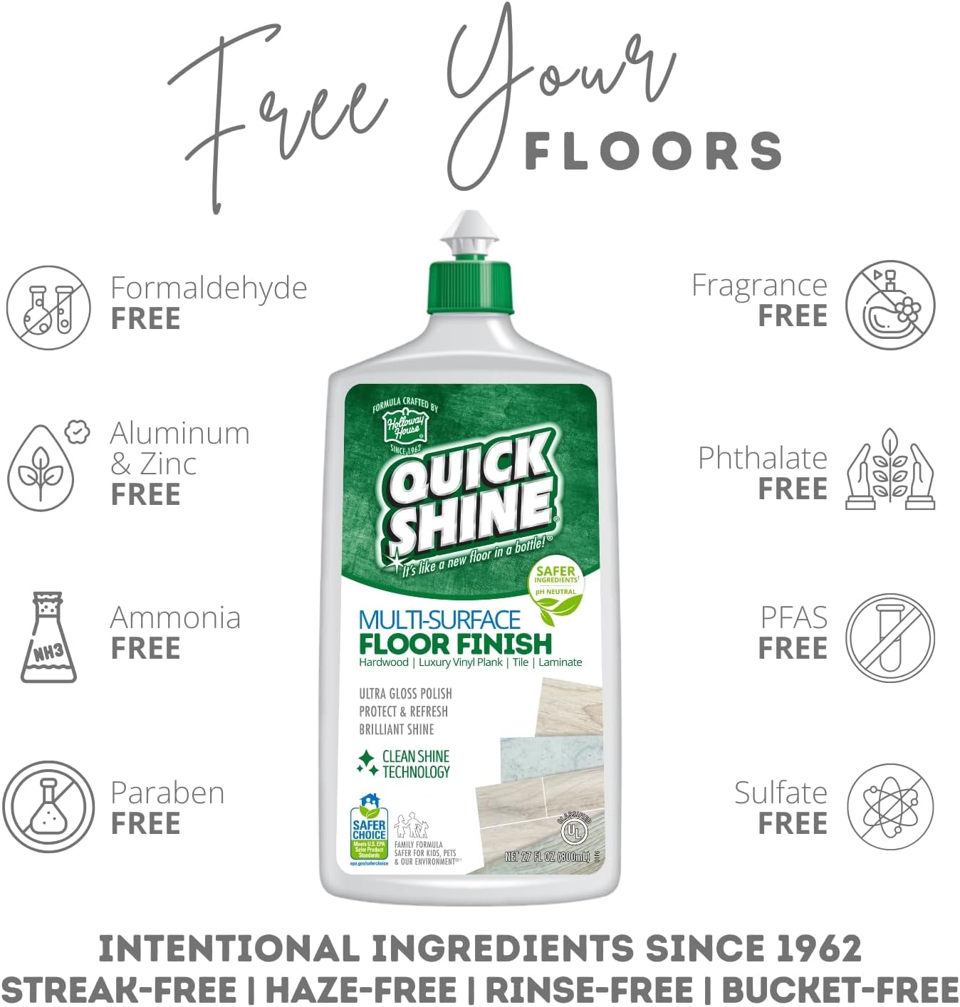 Quick Shine Multi Surface Floor Finish 64oz | Cleaner & Polish to use on Hardwood, Laminate, Luxury Vinyl Plank LVT, Tile & Stone | Safer Choice w/Clean Shine Technology | Shine-Protect-Refresh