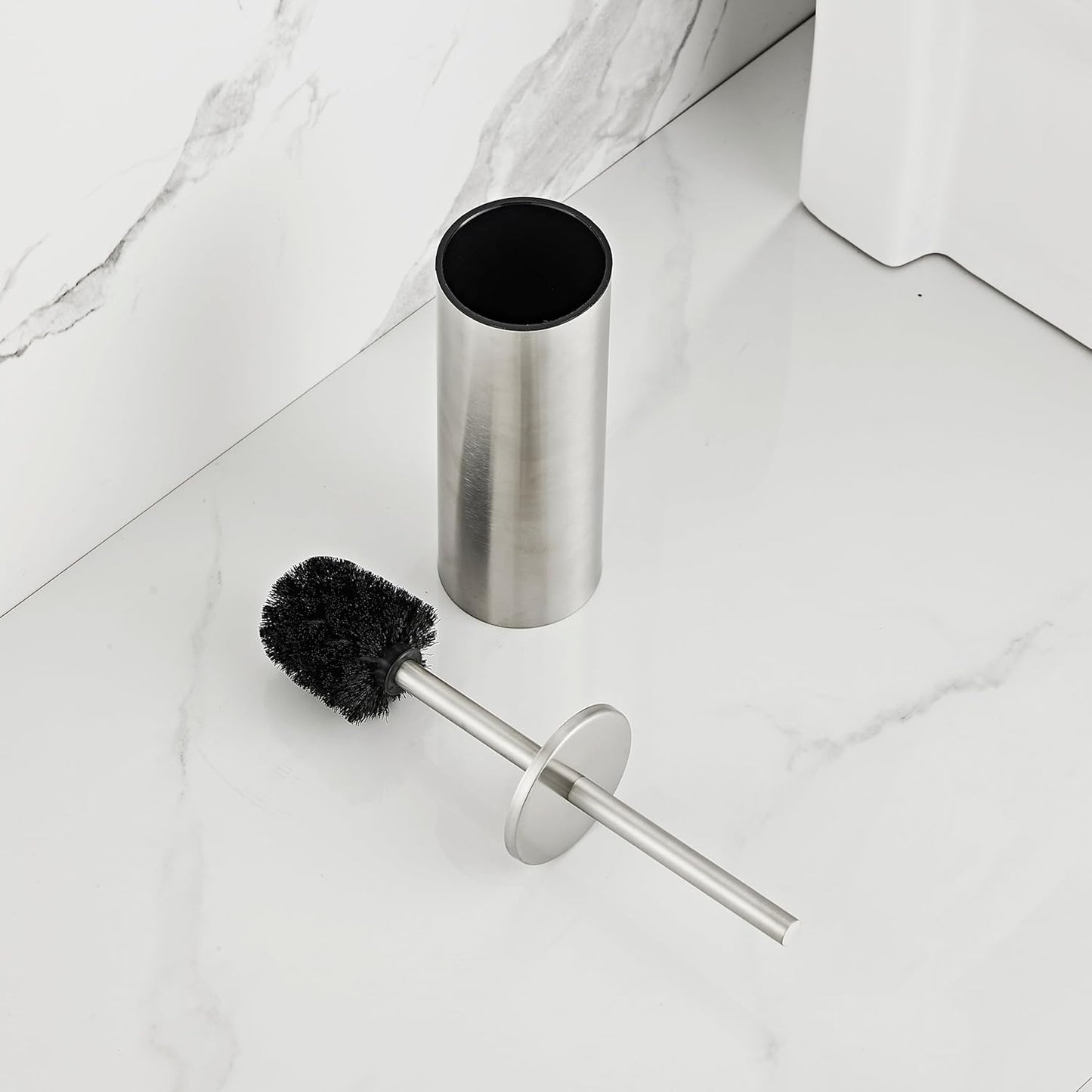 Brushed Gold Toilet Brush and Holder Set - Stainless Steel Toilet Bowl Scrubber with Replaceable Head & Splash Guard