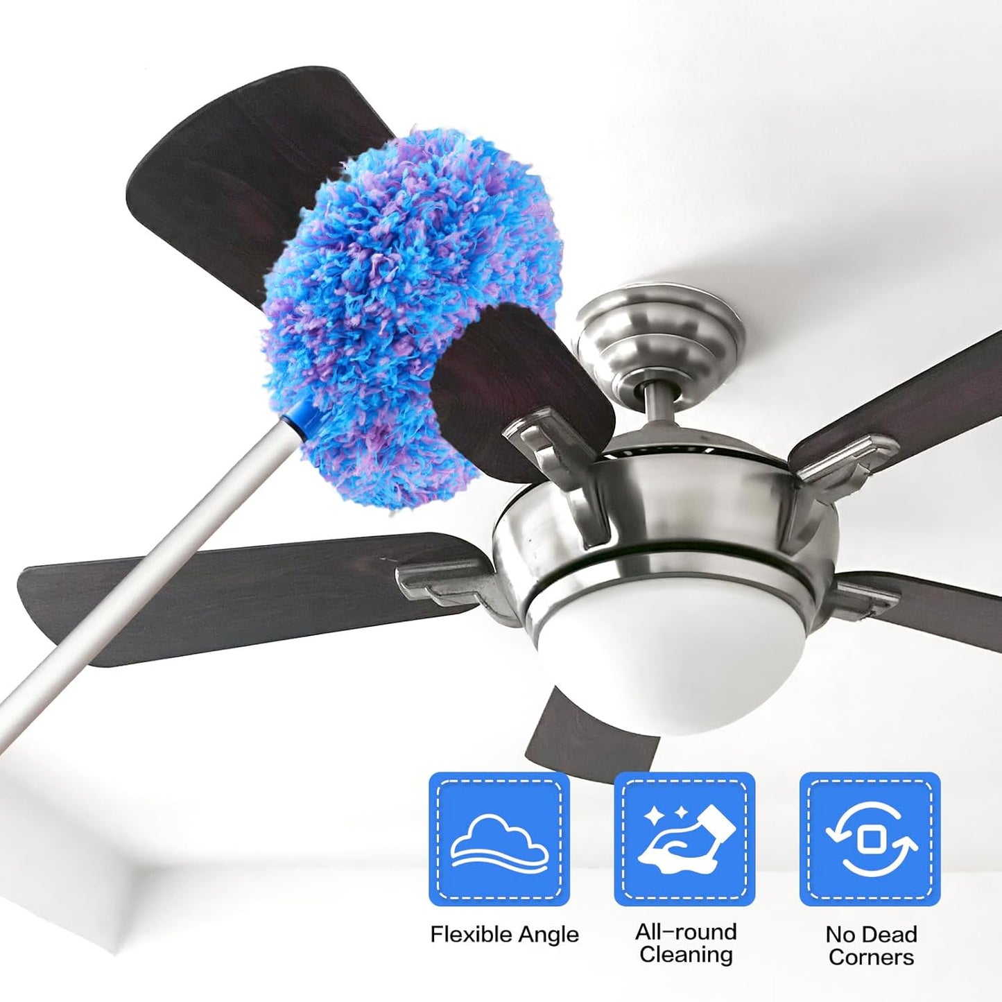 Ceiling Fan Cleaner Duster Reusable Microfiber Ceiling Fan Blade Cleaner Removable Duster with Extension Pole Adjusts 13 to 49.7 Inch for Cleaning Walls Bookshelves Furniture Door Window Top (Blue)
