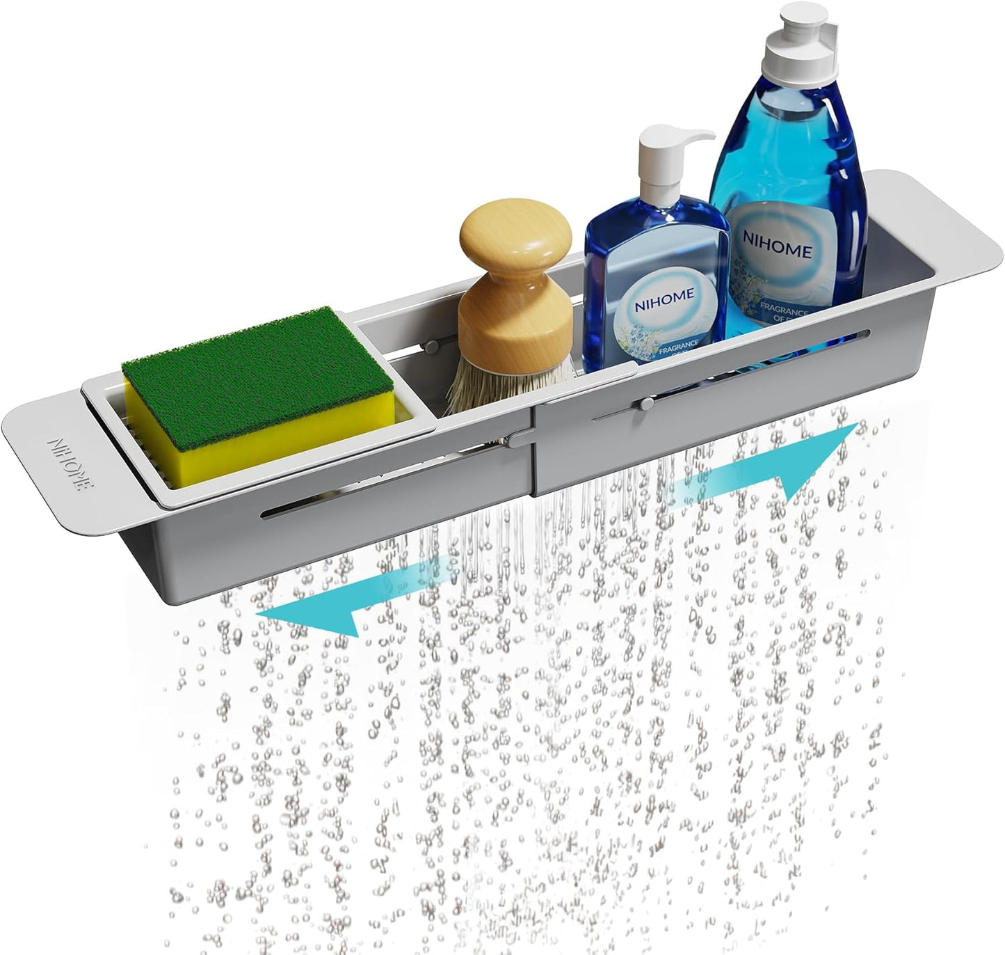 NiHome Extendable Over Sink Kitchen Organizer, Small Telescopic Brush Storage Rack for Sponge, Non-Slip Pads Expandable Sink Caddy, Adjustable Sponge/Brush Rack with Drainage Durable ABS (Black)