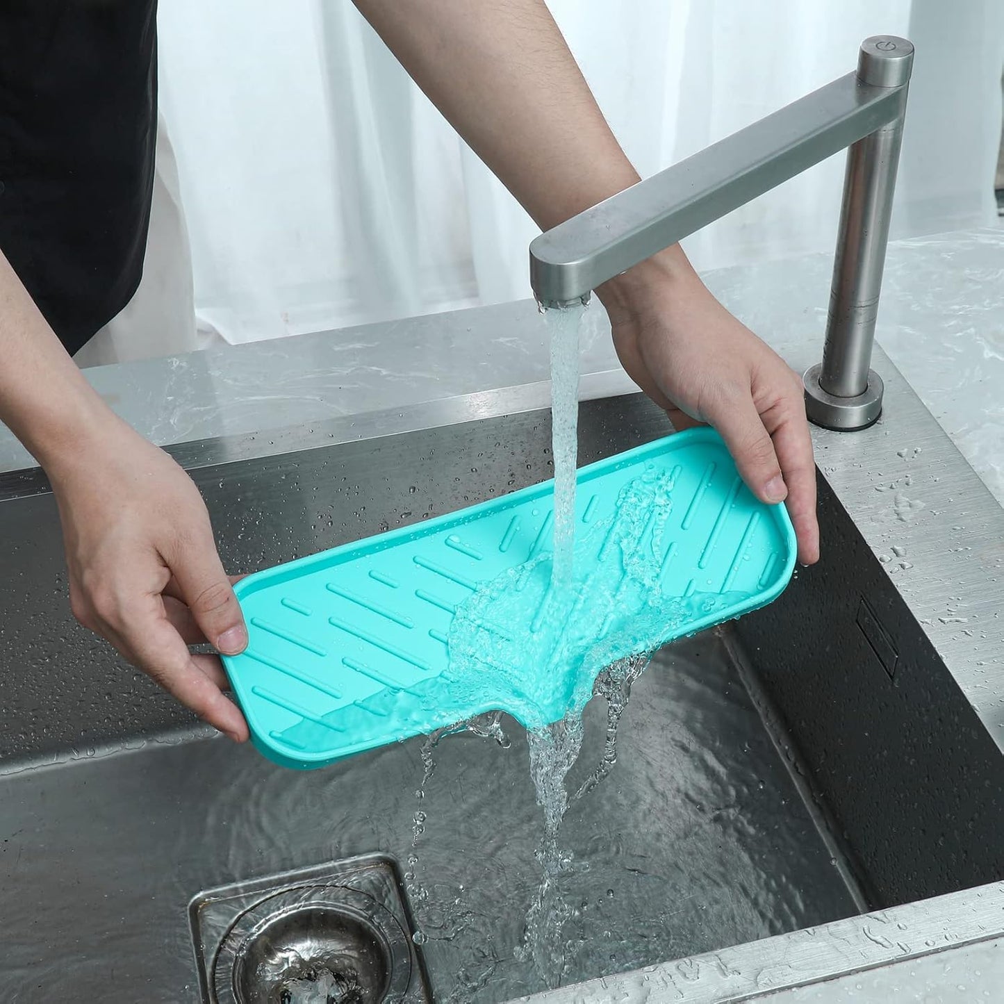 MicoYang Silicone Bathroom Soap Dishes with Drain Spout-Bathroom and Kitchen Sink Organizer,Sponge Holder,Dish Soap Tray,Perfect for Dispenser,Scrubber,Bottle,Cup on Sink or Counter-Black 4.9"×3.2"