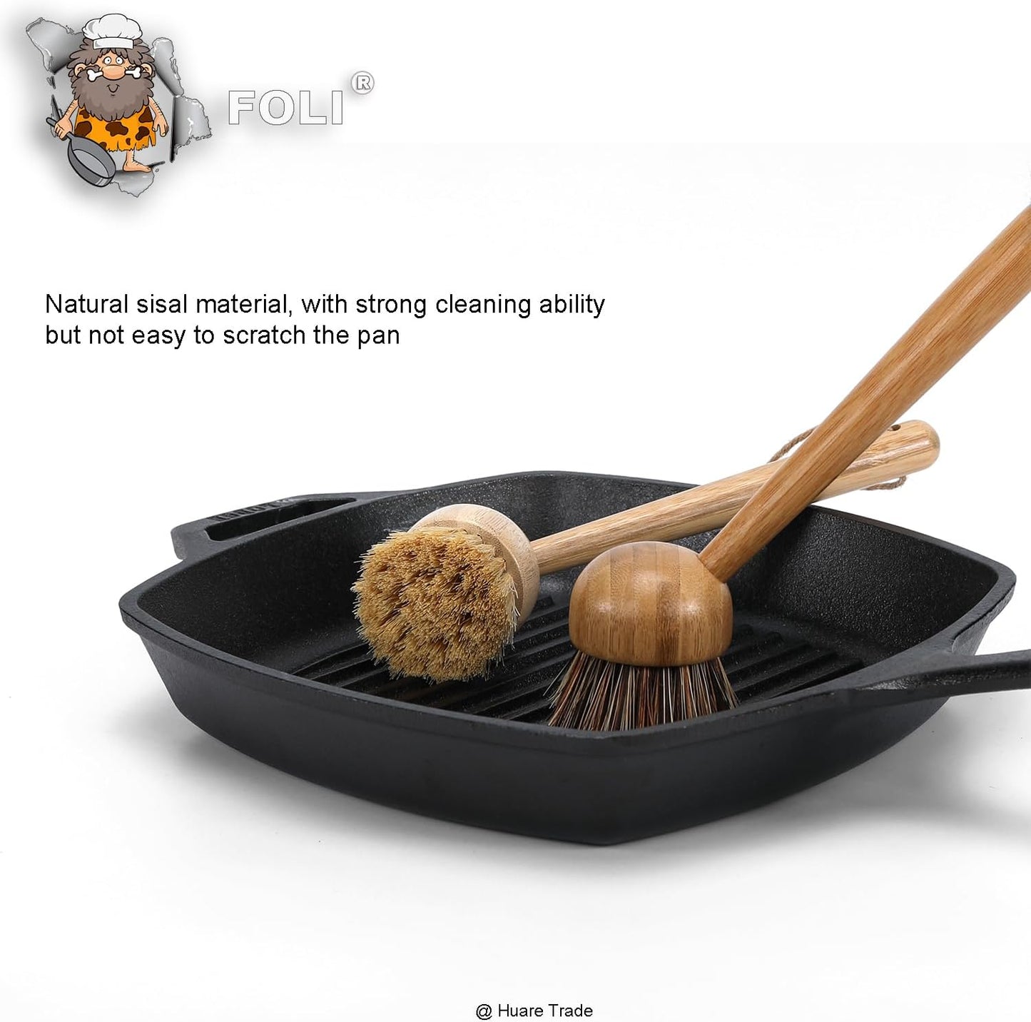 FOLI Bamboo Handle Dish Scrub Brushes - Wooden Cleaning Scrubbers with Stiff Bristles for Washing Kitchen Cast Iron Pan Pot (2PCS with Sisal & Palm Bristles, Long Handle)