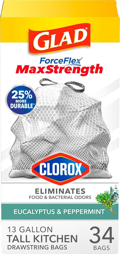 Glad Tall Kitchen Trash Bags 13 Gallon, MaxStrength Beachside Breeze Garbage Bags, Odorshield with Drawstring, 34 Count
