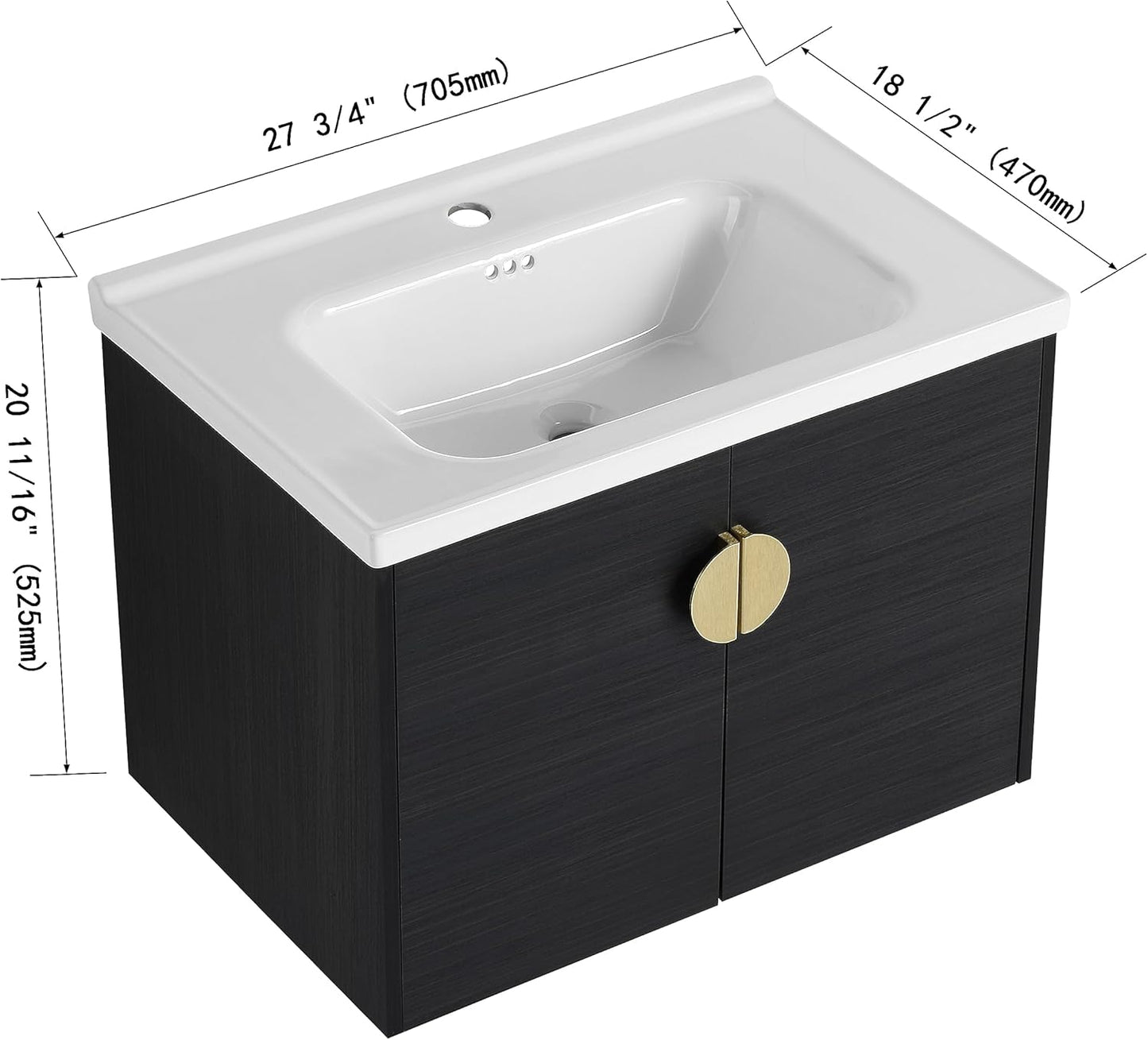 SSLine Modern 24-Inch Bathroom Vanity with Sink Wall Mounted Bathroom Vanity with Top Basin & Storage Cabinet White Wood Floating Vanity w/Ceramic Sink & Gold/Black Handles for Small Space