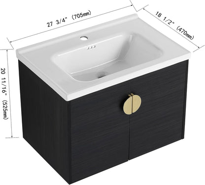 SSLine Modern 24-Inch Bathroom Vanity with Sink Wall Mounted Bathroom Vanity with Top Basin & Storage Cabinet White Wood Floating Vanity w/Ceramic Sink & Gold/Black Handles for Small Space