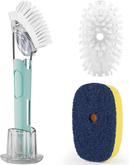 Dish Brush with Soap Dispenser Storage Set with 2 PCS Brush Refills & Holder, Dish Scrubber with Soap Dispenser, Dish Soap Brush, Dish Wand with Soap Dispenser for Dishes, Pans, Sink, Pots(Green)