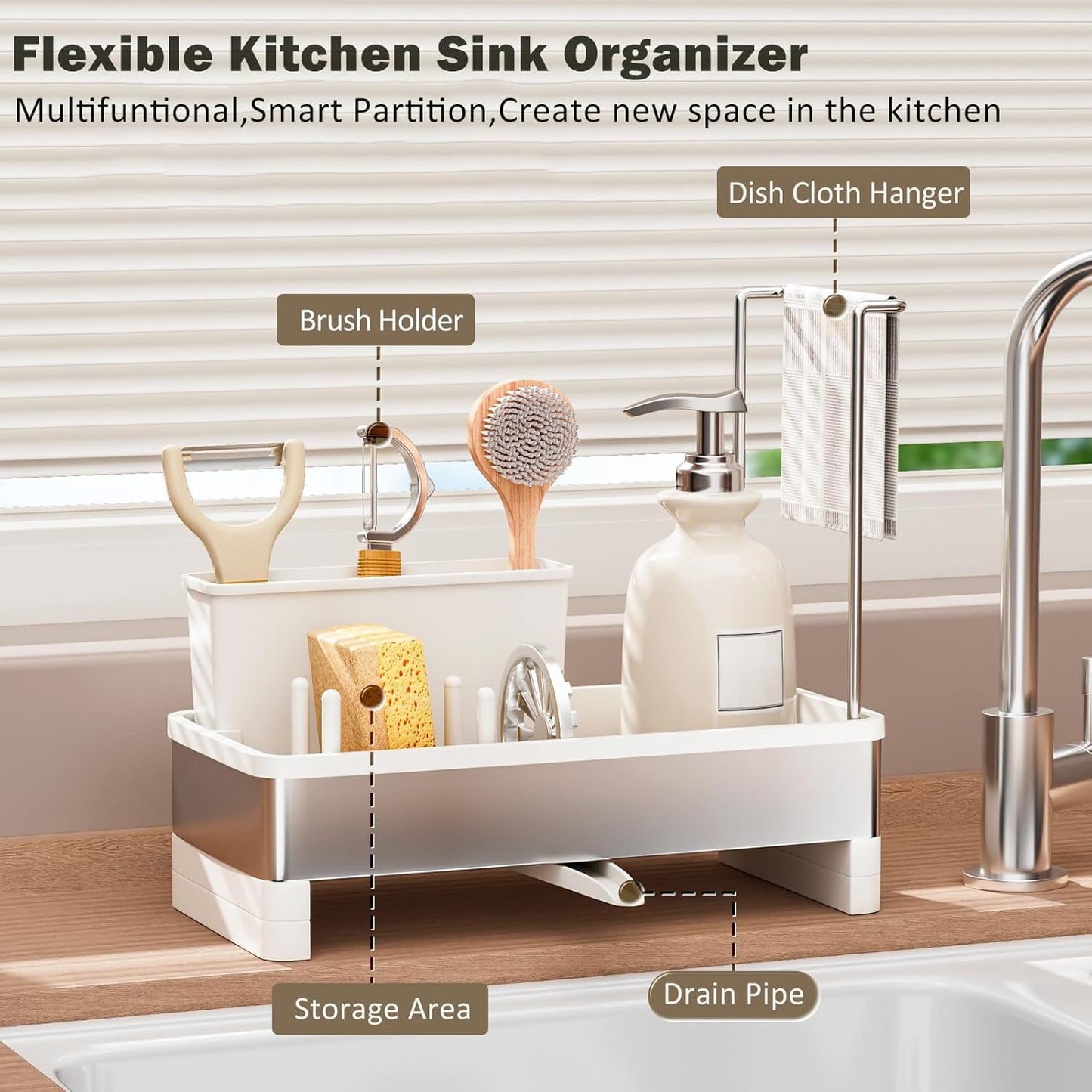 Sponge Holder for Kitchen Sink,Sink Caddy Organizer with Removable Brush Holder,Kitchen Countertop Soap Dispenser Storage with Detachable Towel Rack,Black