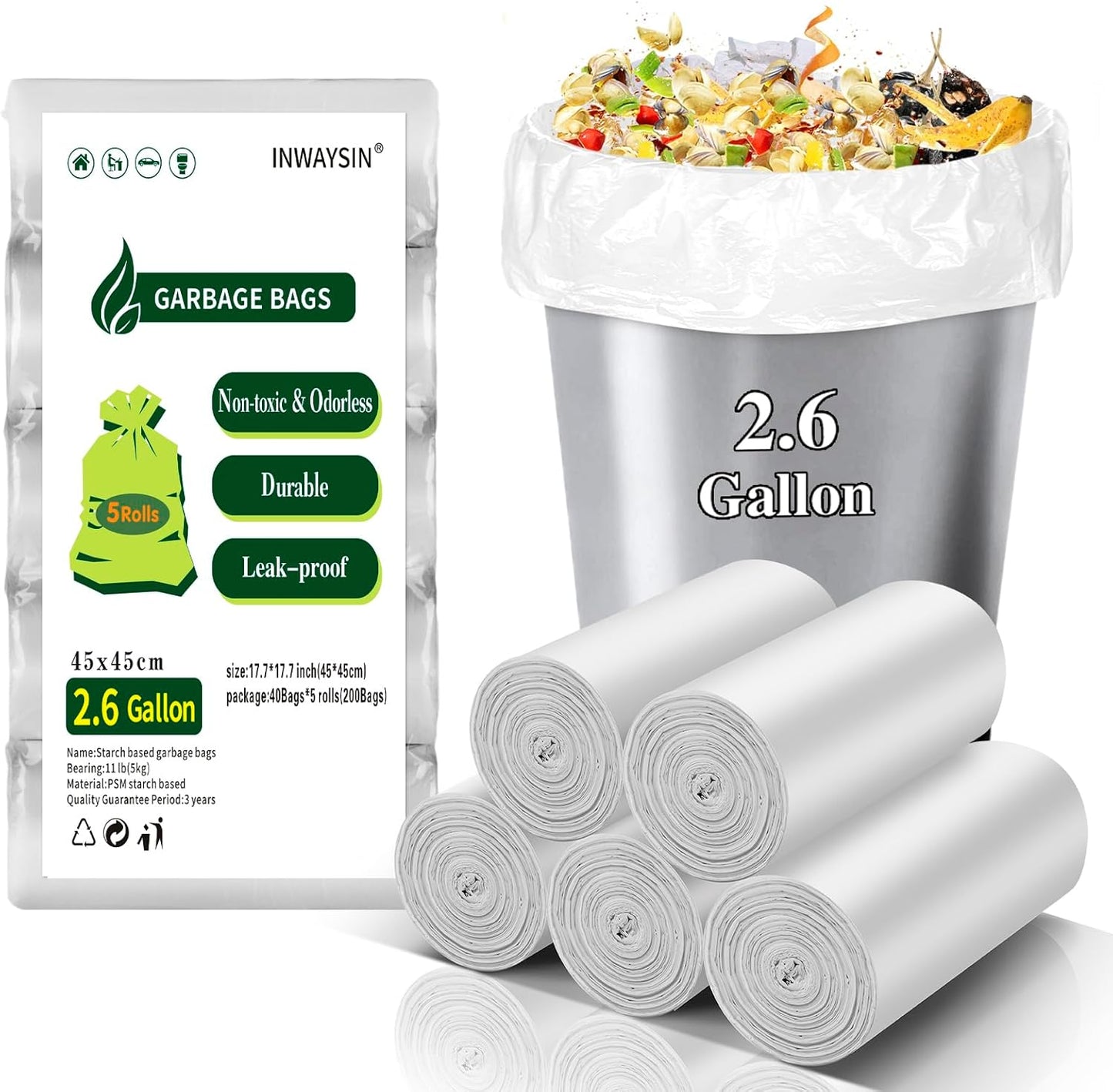 Small Trash Bags, Inwaysin Small Garbage Bags 4-6 Gallon Biodegradable Can Liners Thicken, Size Expanded, White 200 Counts