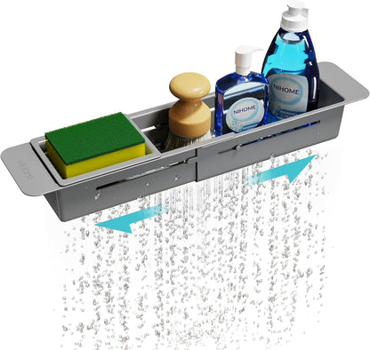 NiHome Extendable Over Sink Kitchen Organizer, Small Telescopic Brush Storage Rack for Sponge, Non-Slip Pads Expandable Sink Caddy, Adjustable Sponge/Brush Rack with Drainage Durable ABS (Black)