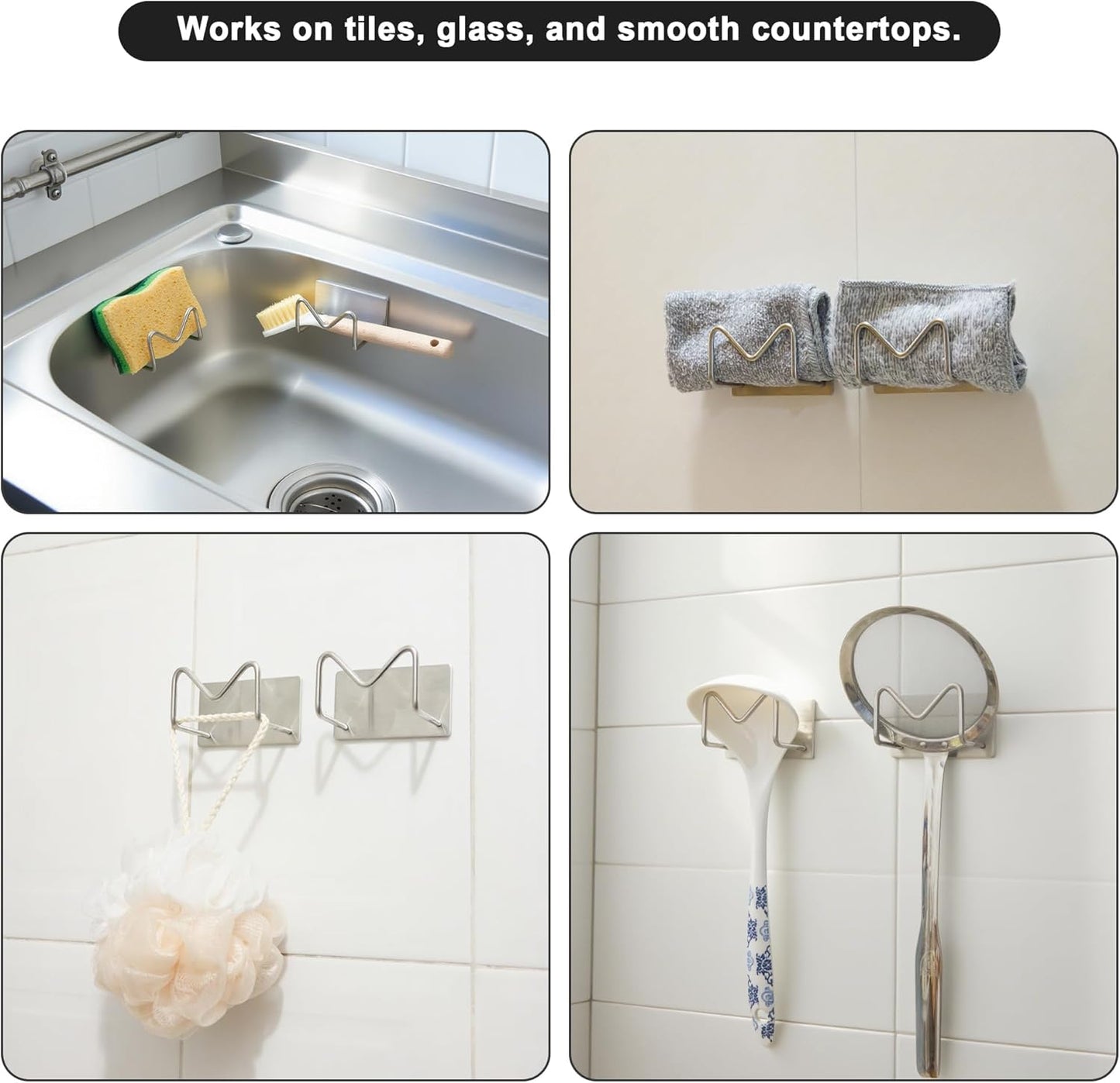 Adhesive Sponge Holder for Kitchen Sink, SUS304 Stainless Steel Scrubber Hanger Sink Caddy Accessories Storage Drain Rack Stand for Scratch Scrub Dishcloth Dishrag Steel Wool Strainer Stopper