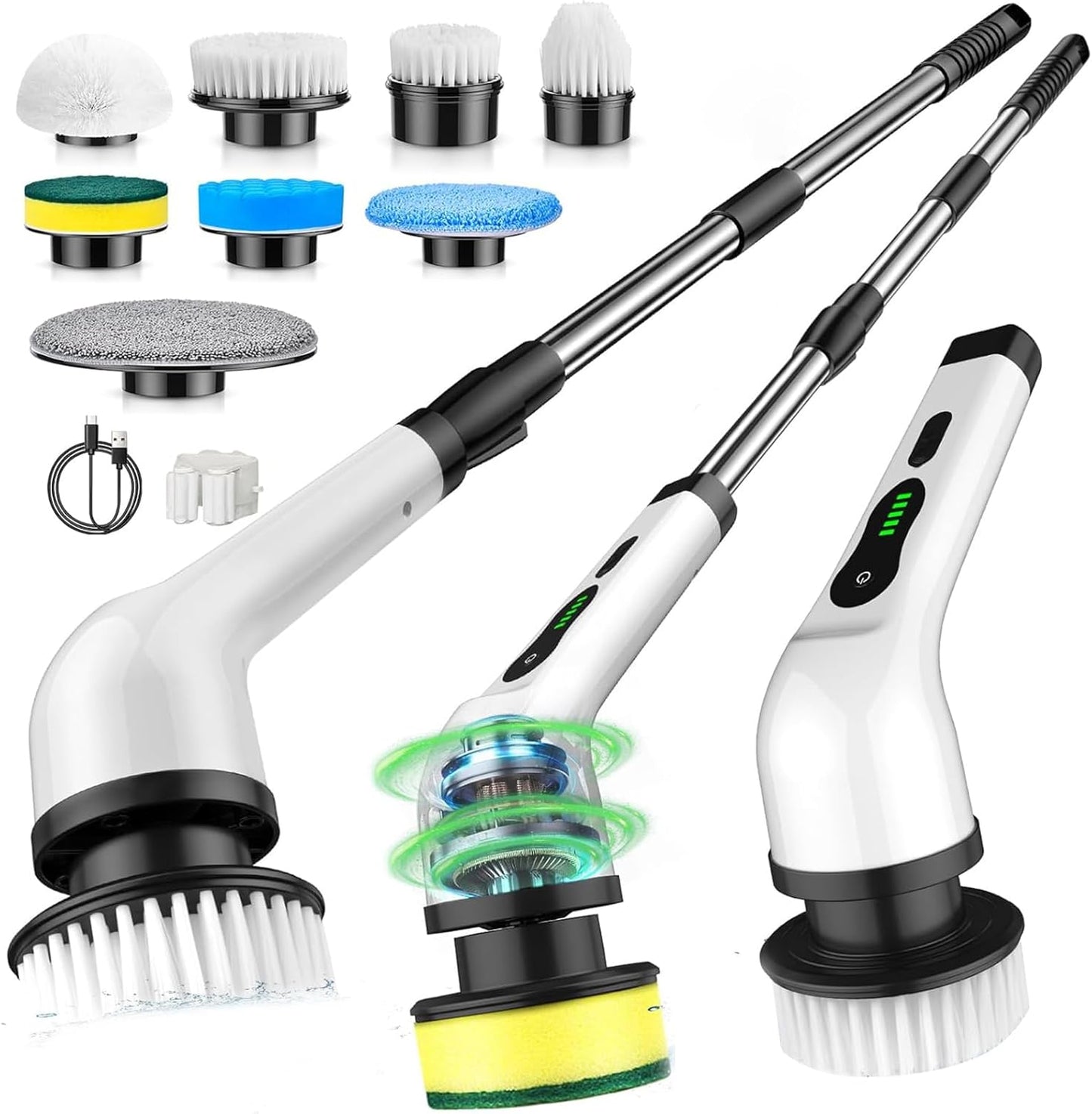 Electric Spin Scrubber, Cordless Cleaning Brush with 8 Replaceable Heads, Power Bathroom Scrubber with Long Extension Handle, 2-Speed IPX7 Waterproof Scrubber for Tub Tile Car Teens,White-qa2.