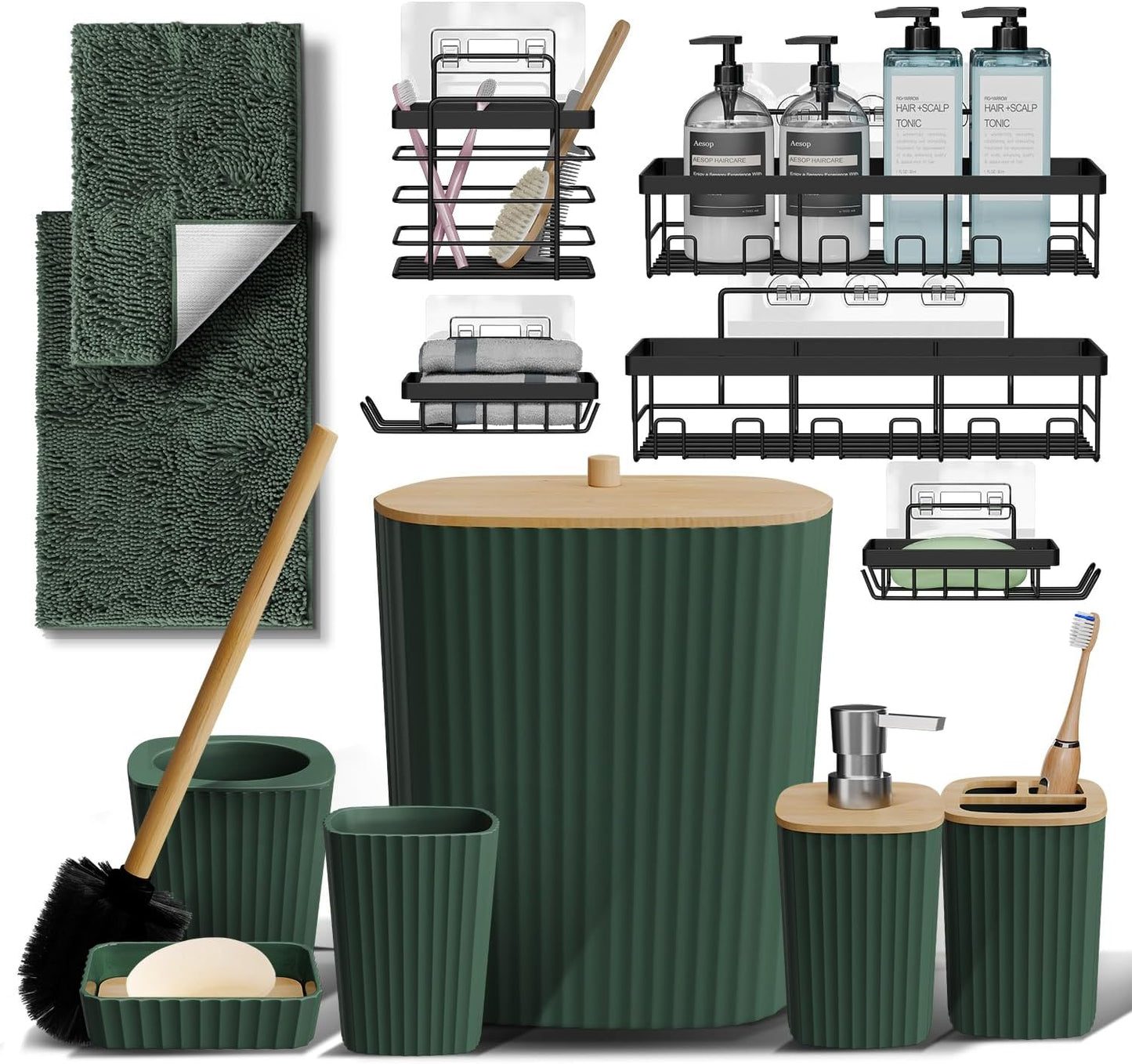 Clara Clark Bathroom Set - Sage Green Bathroom Accessories Set, 6PC Bathroom Accessory Set, Bathroom Sets with Toilet Brush, Trash Can & Soap Dispenser