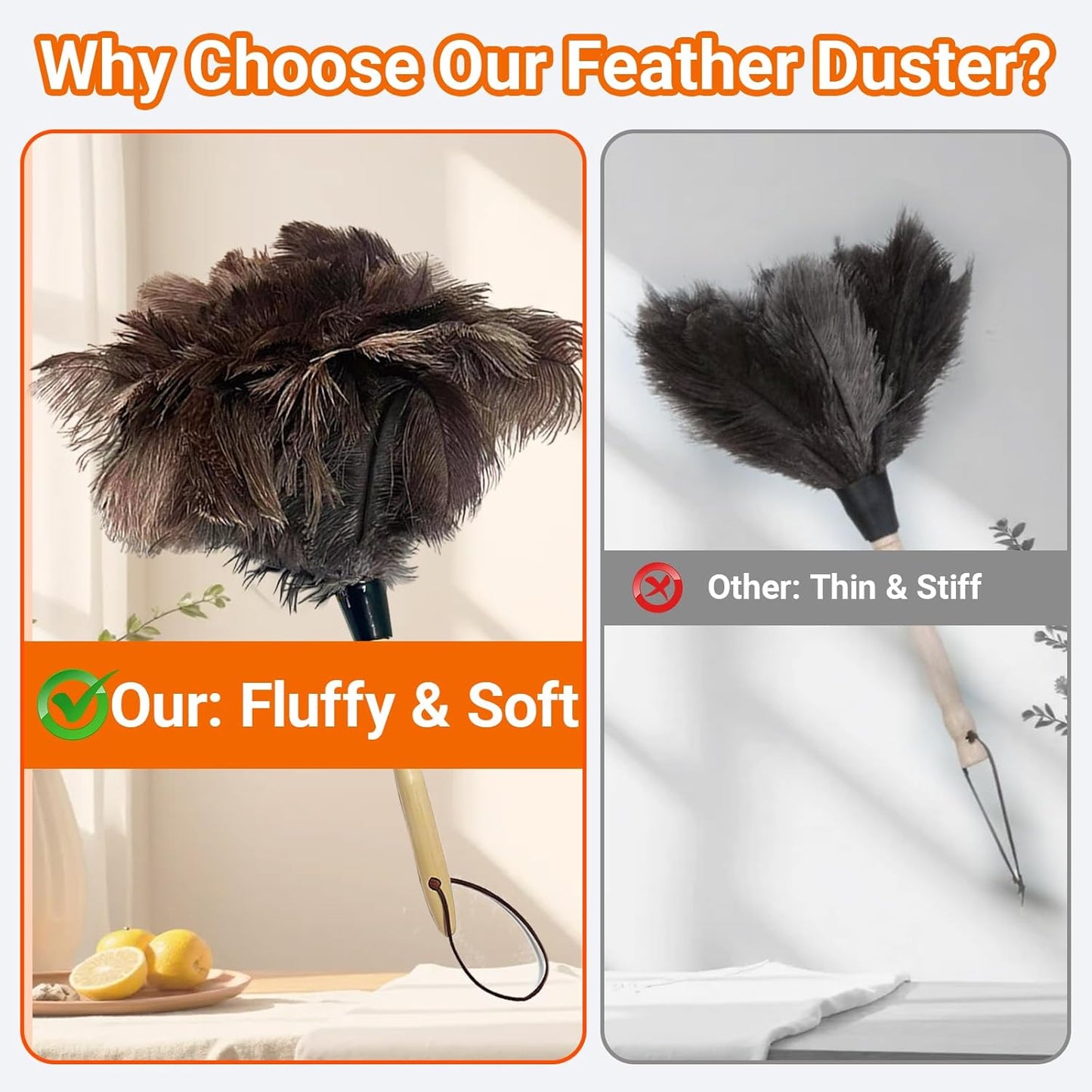 NCEDN Genuine Ostrich Feather Duster 40 Inches - Extendable Stainless Steel Handle, 8 Inches Long Thick Feathers, Telescopic Duster for Ceiling Fans, Blinds, Furniture, Car, Washable