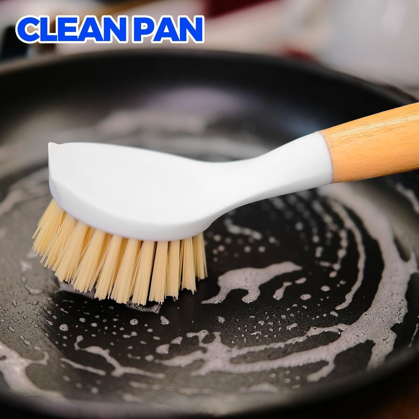 Holikme 3 Pack Dish Brush Set with Bamboo Handle, Kitchen Brushes for Cleaning Pot, Sink and Stove, Skillet Scrubber with Tough Bristles for Cast Iron Grill Pan, Yellow White Black