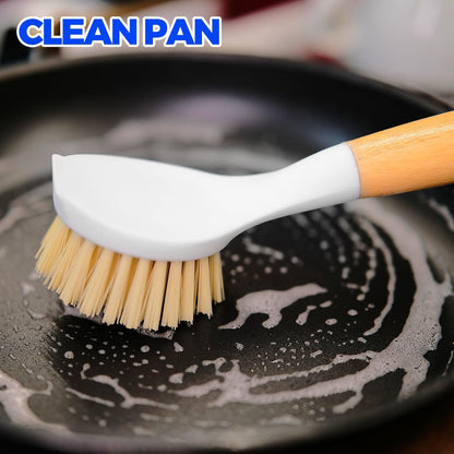 Holikme 3 Pack Dish Brush Set with Bamboo Handle, Kitchen Brushes for Cleaning Pot, Sink and Stove, Skillet Scrubber with Tough Bristles for Cast Iron Grill Pan, Yellow White Black