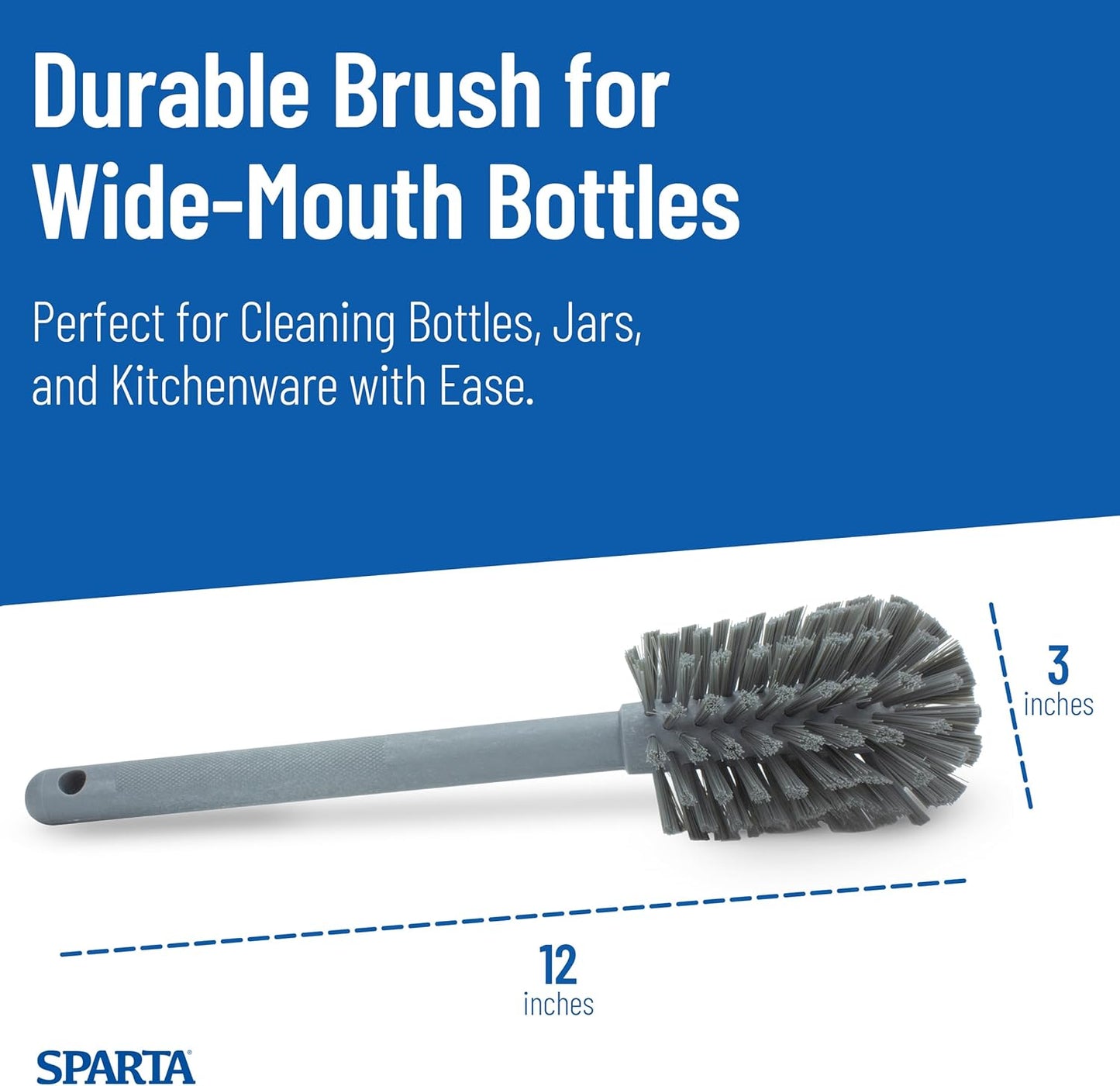 SPARTA Large Water Bottle Brush Ideal for Wide-Mouth Jars, Bottles and Tumblers, Dishwashing Tool with Handle for Home and Commercial Kitchens, Plastic, 12 Inches, White