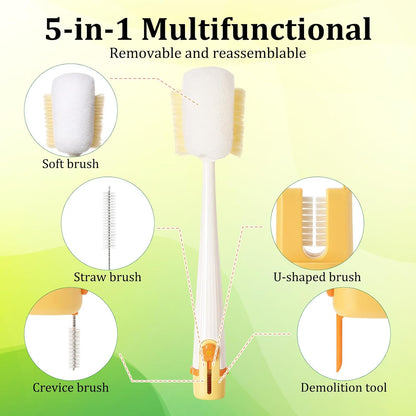 2 PCS 5 in 1 Bottle Cleaning Brush, Multifunctional Cleaning Brush, Deep Clean Narrow Bottle Necks and Straws, Efficient Bottle Scrubber Brush for Home and Travel Use (Green and Yellow)