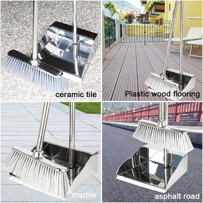 Metal Dustpan with Broom Set, Long Handle Stainless Steel Dustpan,Heavy Duty Standing Dust Pan with Teeth, Indoor Outdoor Up for Home Kitchen Lobby Room Office