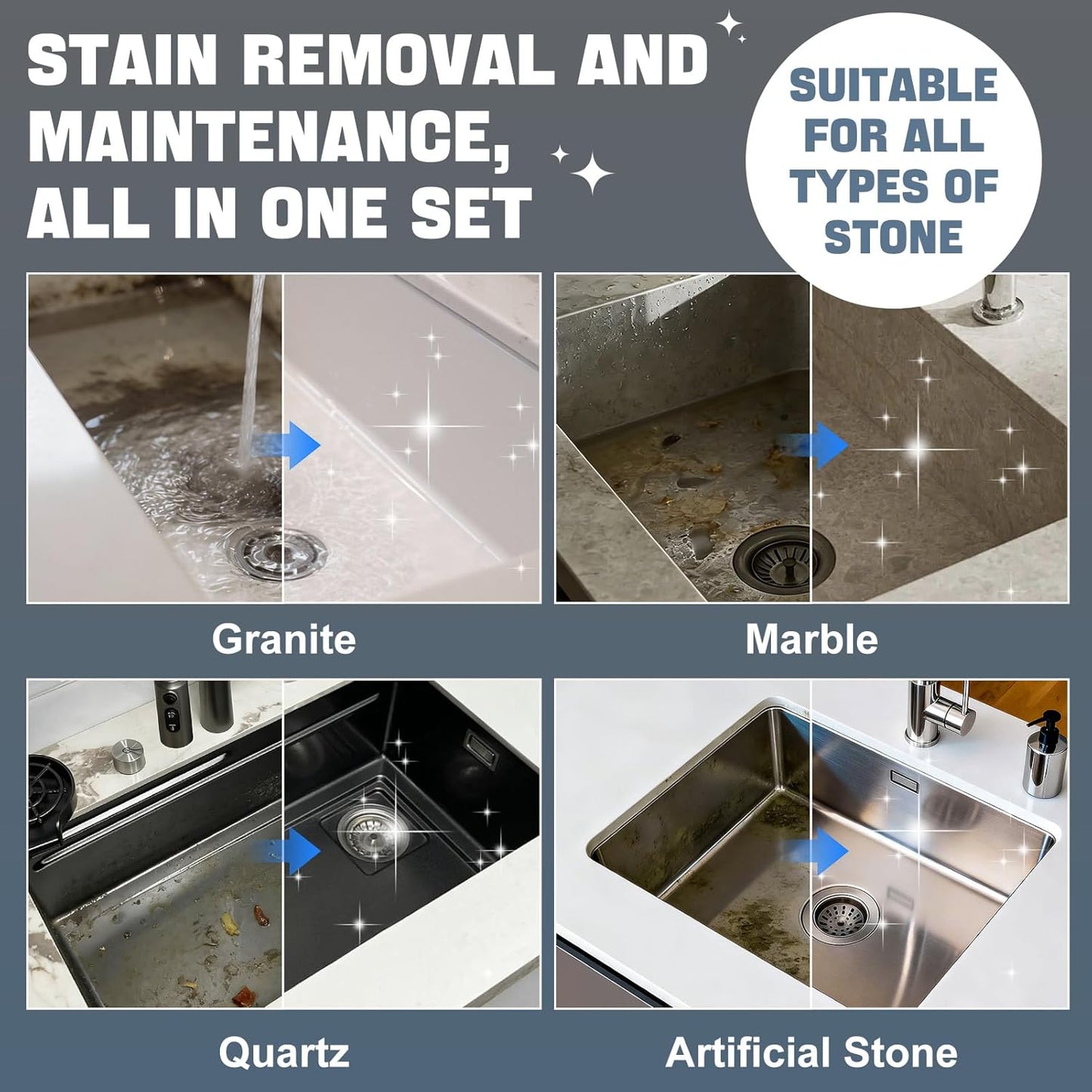 Granite Cleaner and Sealer for Granite Ceramic, Natural Stone Sinks, Restores Shine, Waterproof, All-in-One Cleaning Included 300g Granite Cleaner, 200ml Granite Sealer, 2 Sponges & Microfiber Cloth