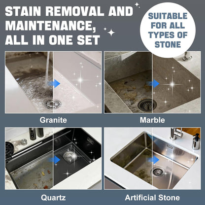 Granite Cleaner and Sealer for Granite Ceramic, Natural Stone Sinks, Restores Shine, Waterproof, All-in-One Cleaning Included 300g Granite Cleaner, 200ml Granite Sealer, 2 Sponges & Microfiber Cloth