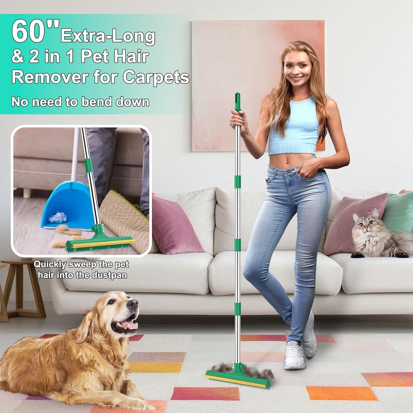 3 in 1 Carpet Rake for Pet Hair Removal, Reusable Pet Hair Remover Broom, 60'' Adjustable Long Handle Dog and Cat Hair Remover Tool Set of 3, Lint Remover Scraper for Carpets, Rugs, Mats, Couch, Car