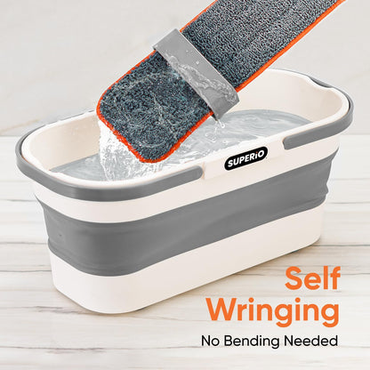 Superio Fold N' Go 10L Collapsible Mop Bucket with Wheels & Self-Wringing Microfiber Flat Mop - Portable, Hands-Free Cleaning Set for Home, Car, Kitchen, Bathroom, Hardwood & Tile Floors