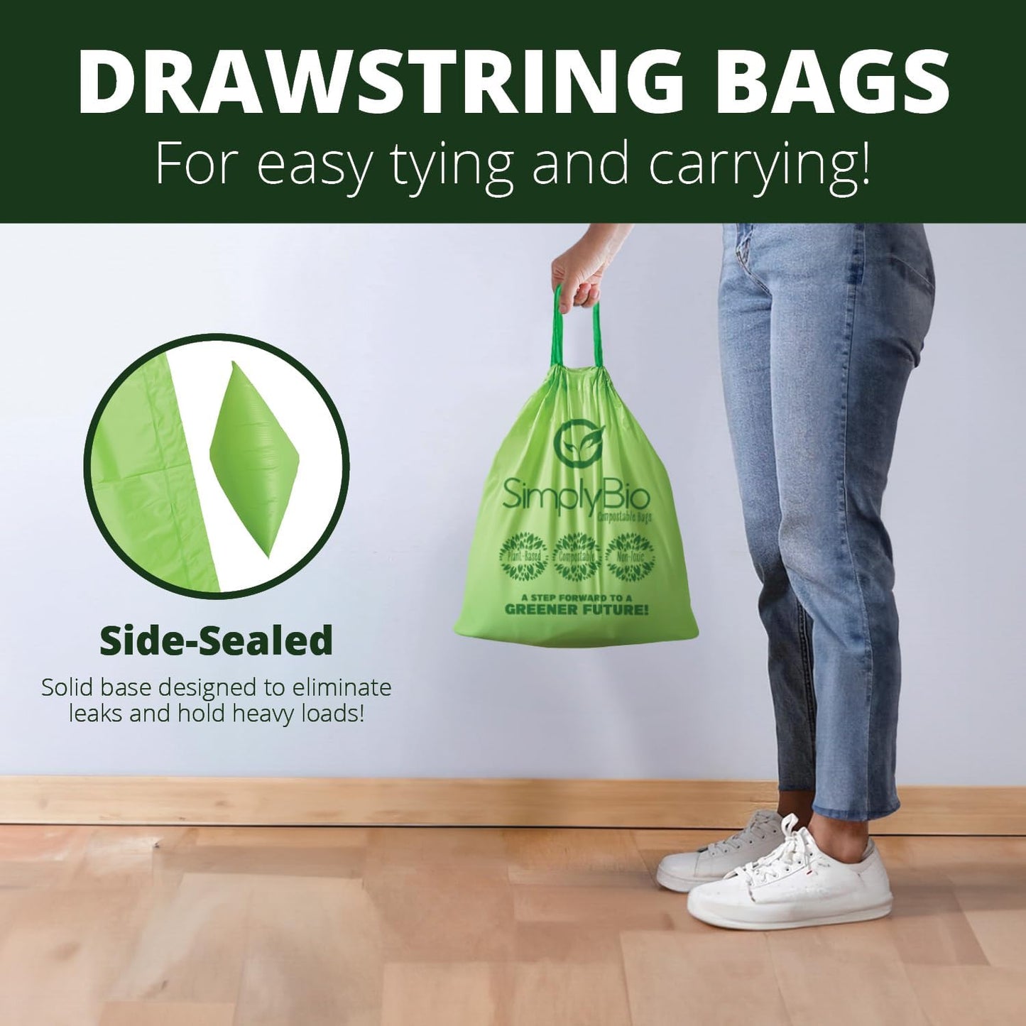 Simply Bio 13 Gallon Compostable Trash Bags Liners Drawstring, Heavy Duty Extra Thick 1 Mil, 49.21 Liter, 30 Bags, Tall Kitchen Food Scrap Waste Bag, ASTM D6400, US BPI and OK Compost Home Certified