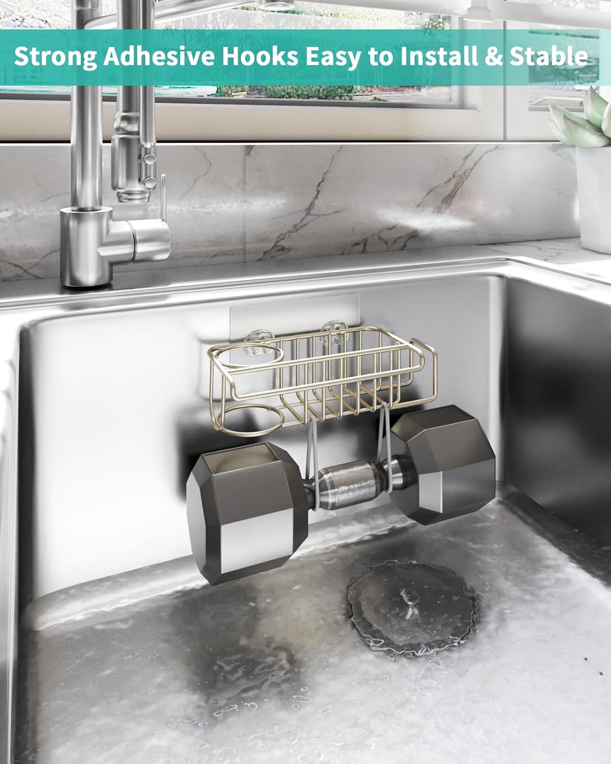 HapiRm 4 in 1 Kitchen Organizers and Storage, SUS304 Stainless Steel Brush Holder + Dish Cloth Hanger + Soap Rack + Sink Stopper Rack, No Drill Kitchen Essentials - Black