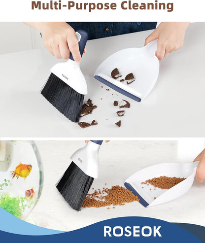 ROSEOK Mini Broom and Dustpan Set for Cleaning, Compact Desktop Dustpan with Brush for Kitchen Counter, Office, Car, Navy Blue, 1 Pack