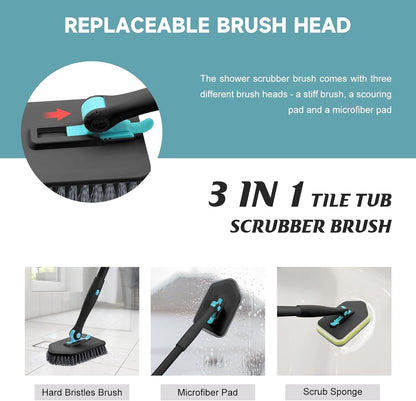 nacena Shower Scrubber with Long Handle, 3 in 1 Tile Tub Scrubber Brush with 3 Detachable Cleaning Heads Adjustable Handle Shower Cleaner Brush for Bathroom, Kitchen, Toilet, Wall, Sink, Blue White