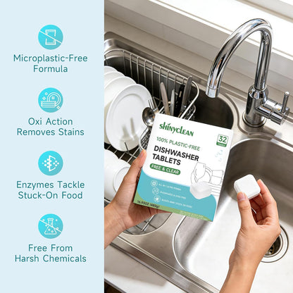 100% Plastic-Free Dishwasher Detergent Tablets, 32 Count, Free & Clear, All-in-One Dishwashing Pods, Enzyme-Powered for Stuck-On Food, Phosphate & Dye Free, Residue-Free Sparkling Shine