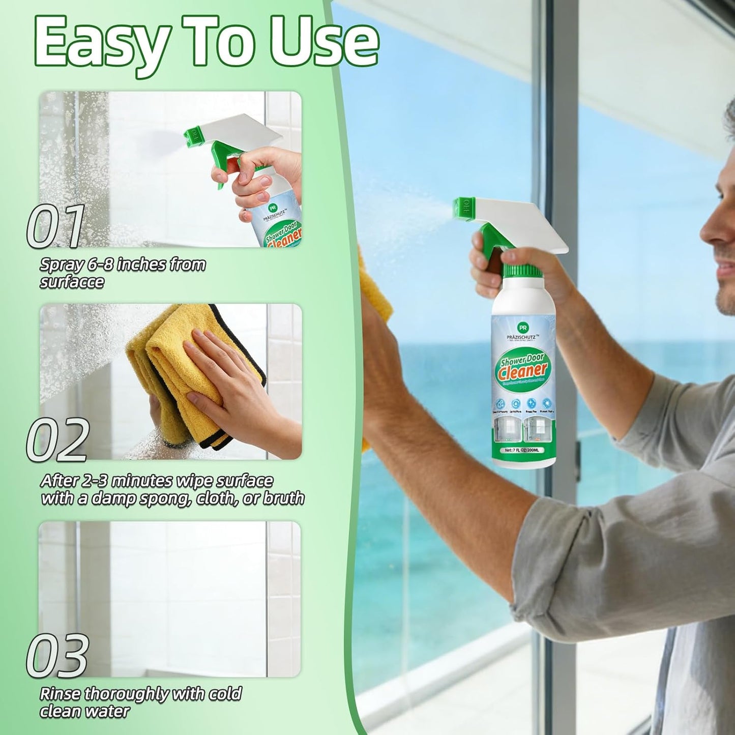 Bathroom Glass Cleaner Spray - Removes Limescale, Soap Scum, and Oil Film, Streak Free Instant Shine for Mirrors, Tiles & Shower Doors | No Residue, Vinegar-Free Formula, 200ml