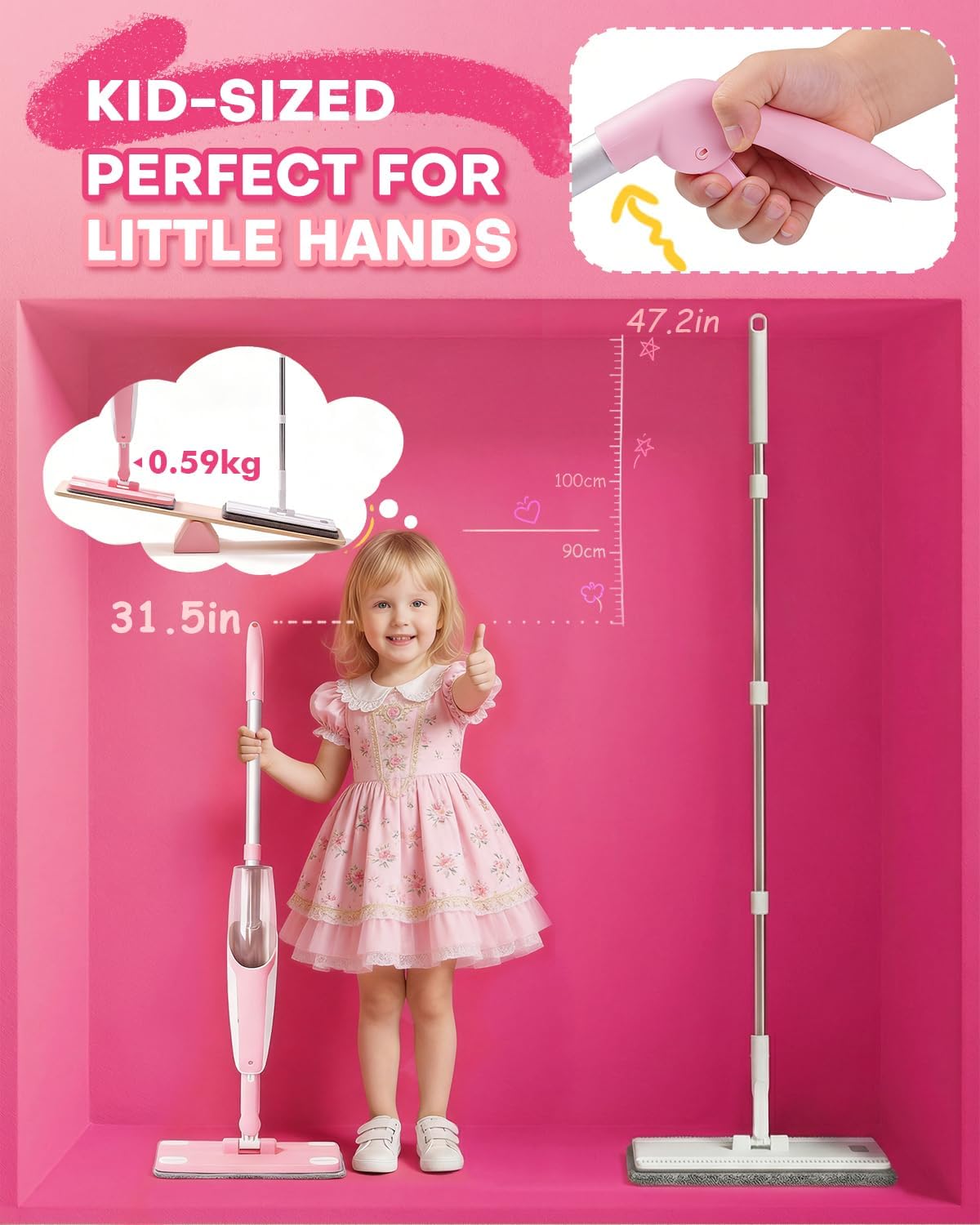 Toddler Spray Mop-Montessori Toys Mini Size Cleaning Mini Mop that Really Spray -Kid Pretend Play Toys Gift for Toddlers Girls Boys