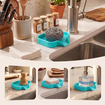 MicoYang Silicone Bathroom Soap Dishes with Drain Spout-Bathroom and Kitchen Sink Organizer,Sponge Holder,Dish Soap Tray,Perfect for Dispenser,Scrubber,Bottle,Cup on Sink or Counter-Black 4.9"×3.2"