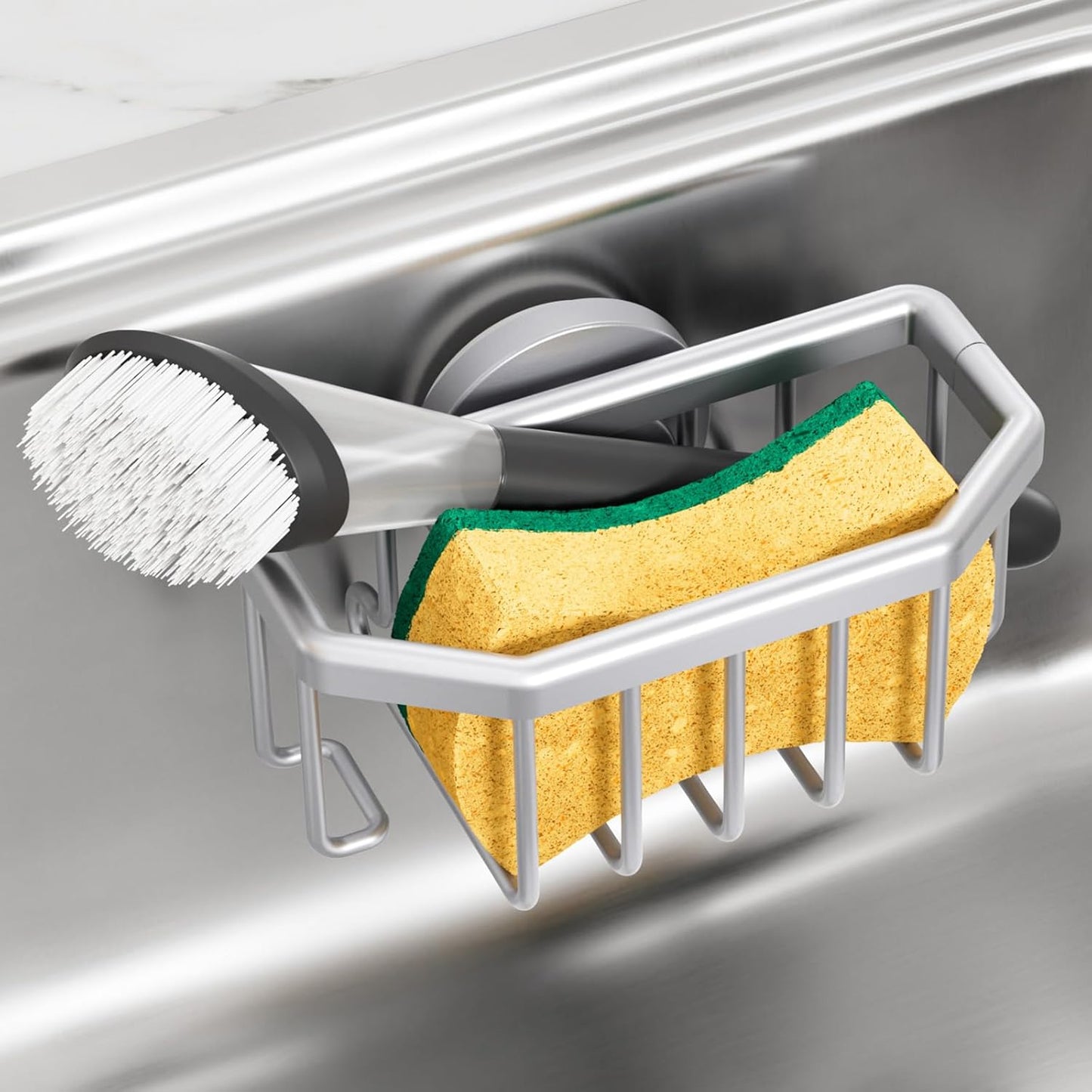 TAILI Sponge Holder for Kitchen Sink with Strong Suction Cup, Rustproof Aluminum Sink Caddy for Sponges, Removable Sponge Holder, Dish Brush for Scraper - Silver