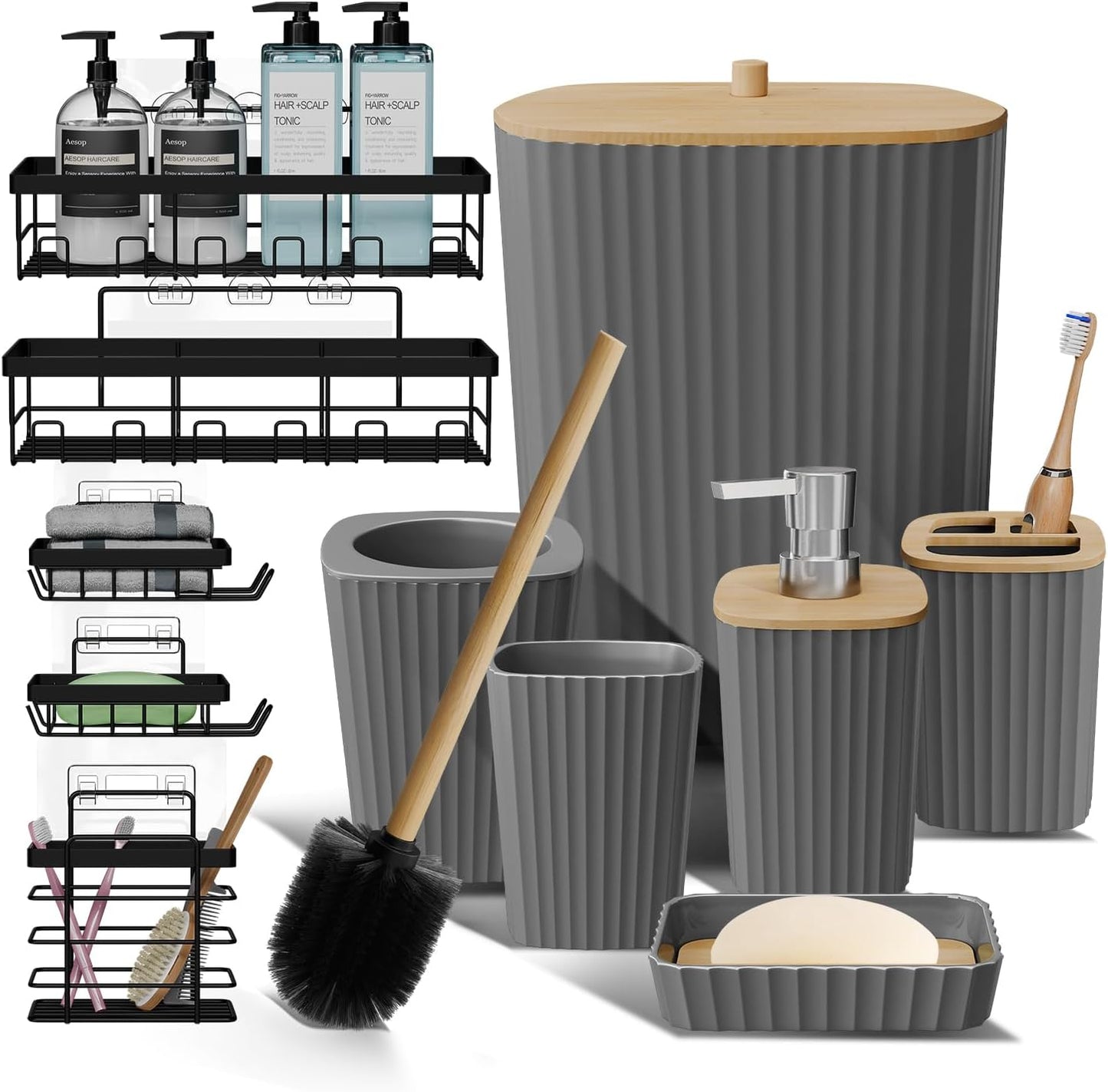 Clara Clark Bathroom Set - Sage Green Bathroom Accessories Set, 6PC Bathroom Accessory Set, Bathroom Sets with Toilet Brush, Trash Can & Soap Dispenser