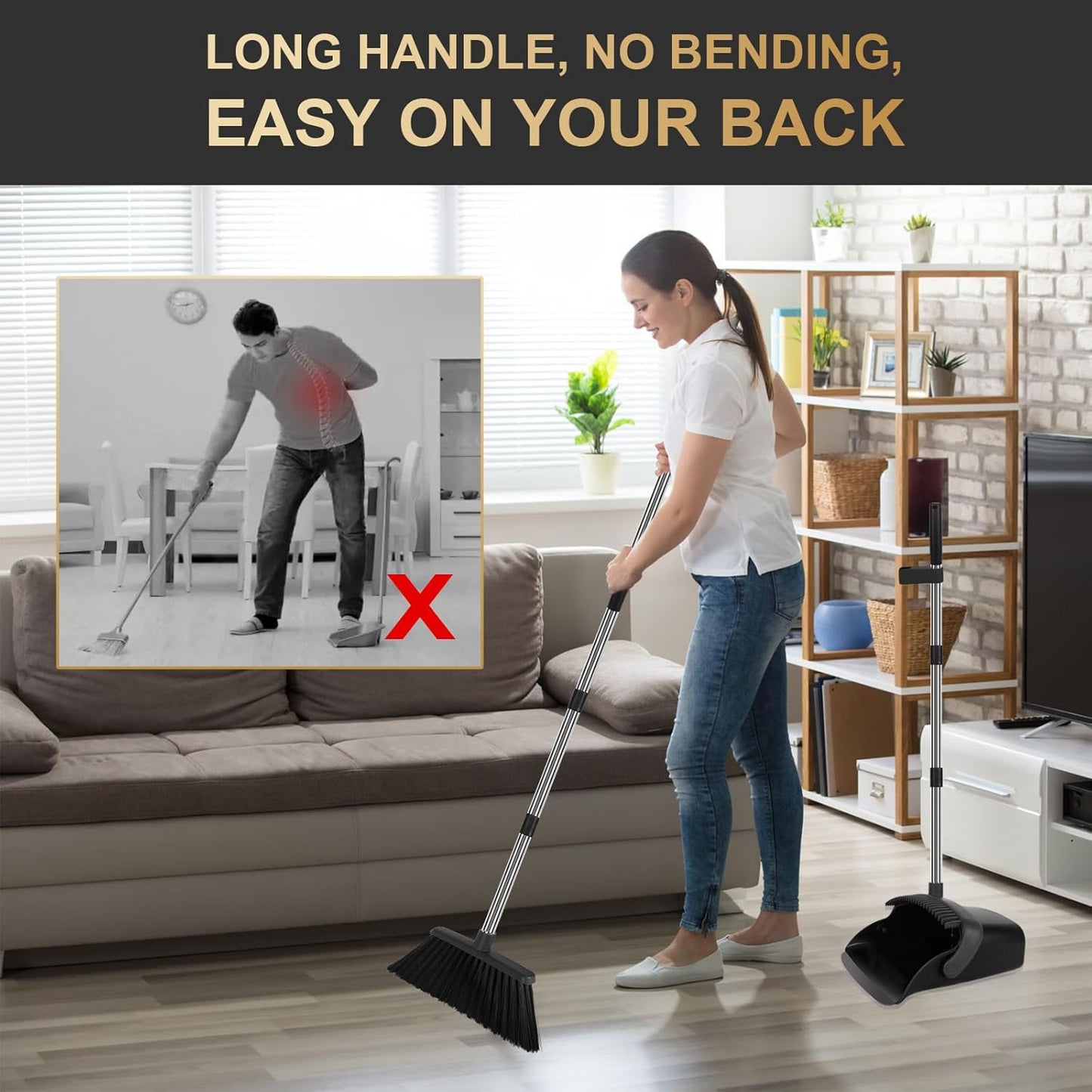 Broom and Dustpan Set, Upright Purple Broom with Dustpan Combo Set 51" Long Handle, Self Cleaning Dust Pan for Home, Kitchen and Office
