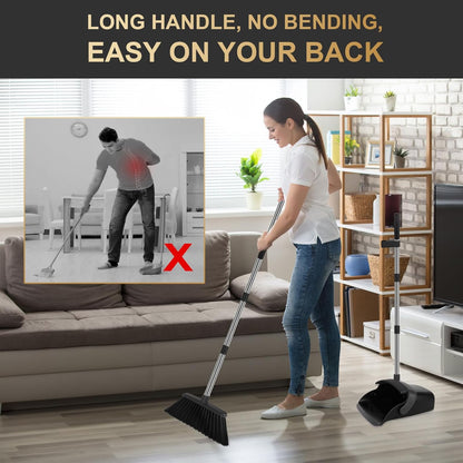 Broom and Dustpan Set, Upright Purple Broom with Dustpan Combo Set 51" Long Handle, Self Cleaning Dust Pan for Home, Kitchen and Office