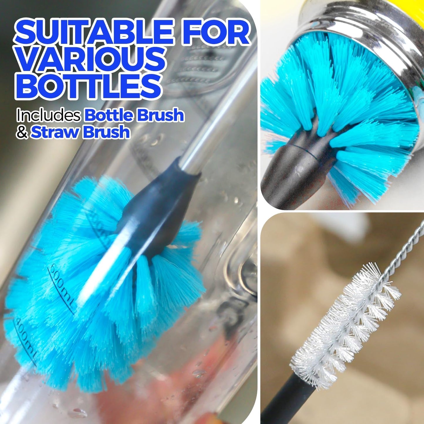 Holikme Bottle Brush Cleaner Set, 14" Long Handle Stainless Steel Bottle Cleaner Brush, 3 Straw Cleaner Brush, Bottle Cleaning Brush for Water Bottle, Cups, Abrasive Wheel Brushes, Straws Black