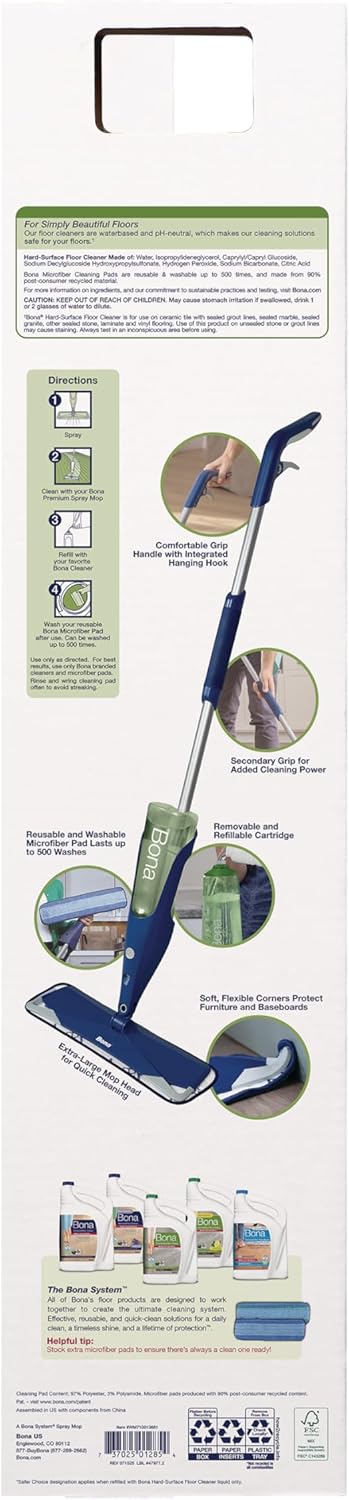 Bona Multi-Surface Floor Premium Spray Mop - Includes Multi-Surface Floor Cleaner Concentrate and Machine Washable Microfiber Cleaning Pad - For Stone, Tile, Laminate and Vinyl LVT/LVP Floors