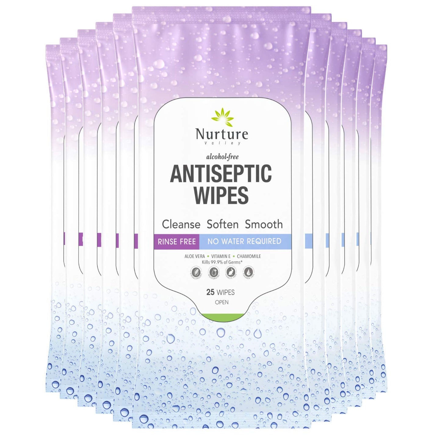 XL Individually Wrapped Nurture Antibacterial Body & Hand Wipes | Alcohol-Free Antiseptic Wet Disinfecting Towelettes for Germ Removal, Sanitizing Hands |Cleaning Cloths| Adults & Baby| Thick & Strong