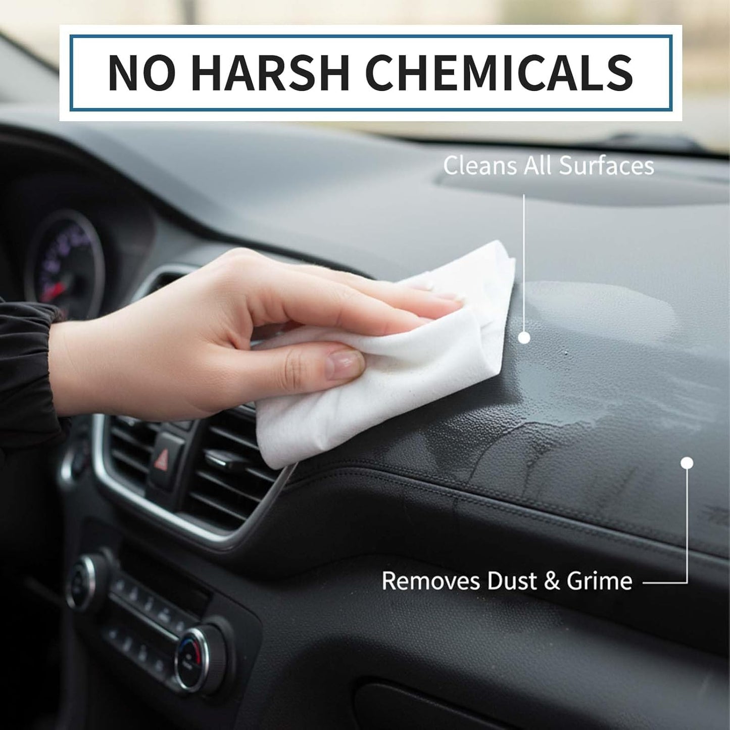 Car Interior Cleaning Wipes - Pre-Moistened Wet Wipes for Dashboard, Leather Seats, Console, Low-Residue Formula, Streak-Free Finish