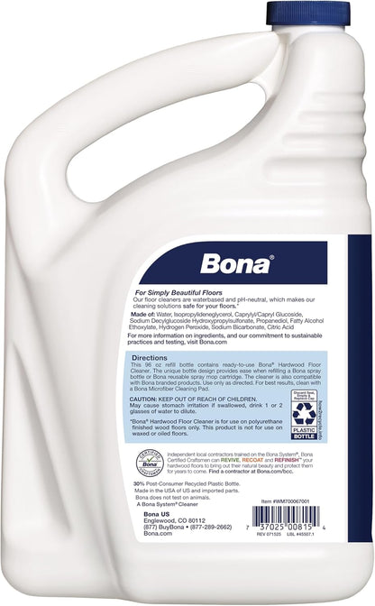 Bona Hardwood Floor Cleaner Refill - 128 fl oz - Unscented - Refill for Bona Spray Mops and Spray Bottles - Residue-Free Floor Cleaning Solution for Wood Floors