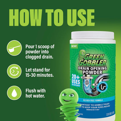 Green Gobbler Drain Clog Remover & Drain Cleaner Powder, 20+ Treatments, Maintenance Breaks Down Grease, Paper, Fat & Oil, Septic Safe